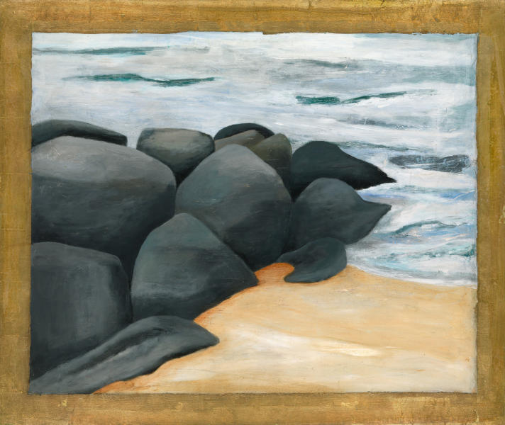 Stones in Menemsha, 42 x 50, acrylic and metal leaf on canvas over panel