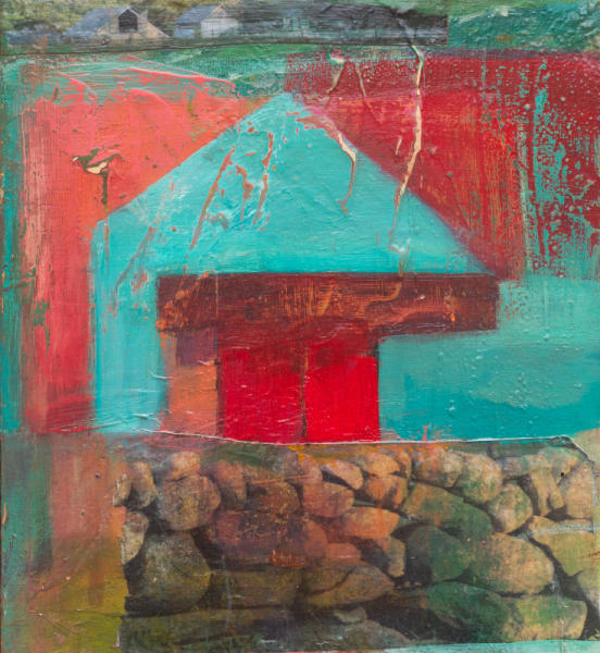 Chilmark Barns, 12 x 11, acrylic/mixed media/panel SOLD